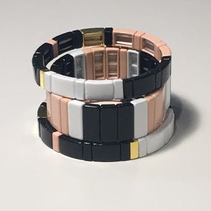 3 stretch enamel tile bracelets black gold white